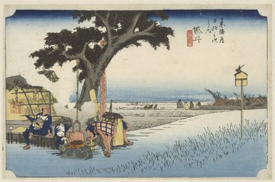 Theehuis in the buitenlucht i Fukuroi Fukuroi, dechaya no zu (tittel på objekt) De 53 stasjonene van de Tokaido (serietittel) Tokaido gojusan tsugi no uchi (serietittel) av Hiroshige (I) , Utagawa