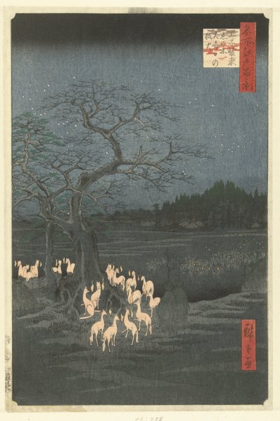 Foxfires på nyttårsaften ved Shozoku Nettle Tree i Oji Oji Shozoku enoki omisoka no kitsunebi (tittel på objekt) Hundre kjente ansikter på Edo (serietittel) Meisho Edo hyakkei (serietittel på objekt) av Hiroshige (I) , Utagawa