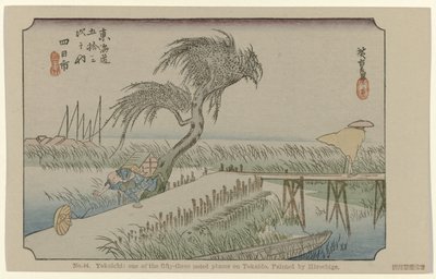 Yokaichi No. 44. Yokaichi: oue of the fifty-three noted places on Tokaido, painted by Hiroshige (title on object) De Tôkaidô van Hiroshige (series title) Hiroshige no fude Tôkaidô (series title on object) av Hiroshige (I) , Utagawa