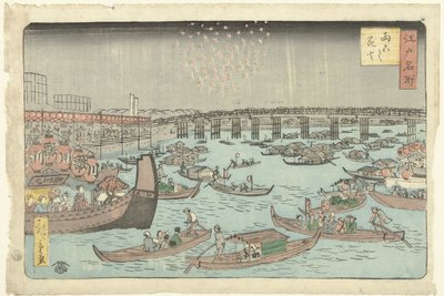 Fyrverkeri på Ryogoku Ryogoku hanabi (tittel på objekt) Kjente steder i Edo (serietittel) Edo meisho (serietittel på objekt) av Hiroshige (II) , Utagawa