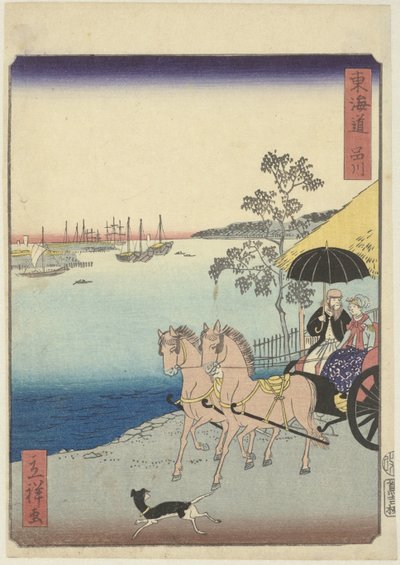 Vestlig par i vogn Shinagawa (tittel på objekt) Tokaido (serietittel på objekt) av Hiroshige (II) , Utagawa