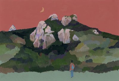 Mann med ryggsekk på reise i fjellet, 2015 (gouache på papir) av Hiroyuki Izutsu