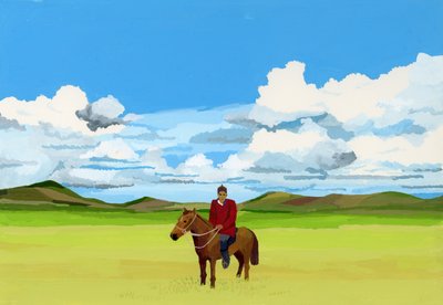 Mongolske stepper og folk som rir på hester, 2015 (Gouache på papir) av Hiroyuki Izutsu
