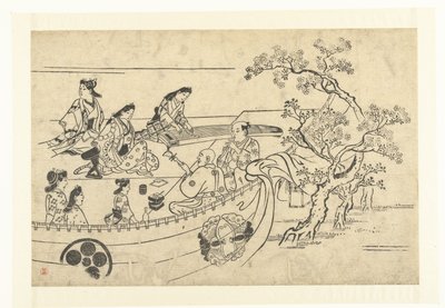 Musikkskapende selskap under et kirsebærtre Ser på Cherry Blossoms in Ueno (serietittel) Ueno hanami no tei (serietittel) av Hishikawa Moronobu (attributed to)