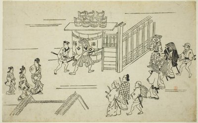 Inngang til Ageyacho, fra serien "The Appearance of Yoshiwara (Yoshiwara no tei)", ca. 1681-84 (treblokktrykk; sumizuri-e, oban) av Hishikawa Moronobu