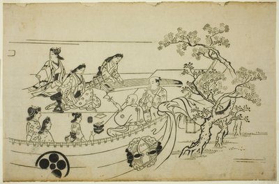 Flower Viewing Party med Crest-Bearing Curtain, fra serien "Flower Viewing at Ueno (Ueno hanami no tei)" av Hishikawa Moronobu