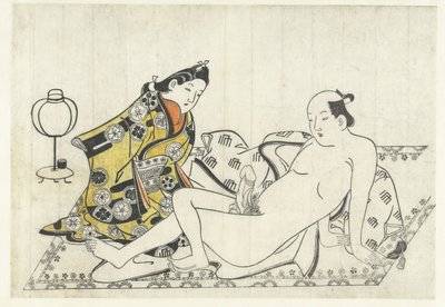 Ung kvinne og naken mann på teppet av Hishikawa Moronobu
