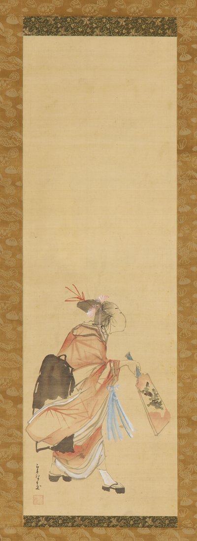 Jente som leker battledore og fjerbolle, 1615-1868. av Hishikawa Sori