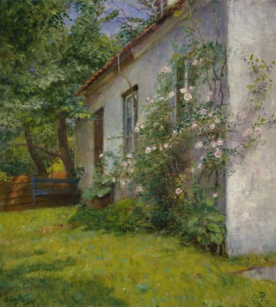 Hus med rosebusk, Sandø av Hjalmer Eilif Emanuel Peterssen