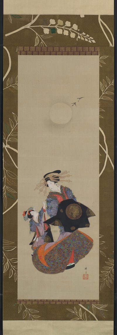 Beauty of the Yoshiwara med Apprentice in Moonlight, 1800-tallet. av Hokuba