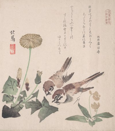 Spring Rain Collection Harusame shu, vol. 3: Spurver og løvetann, ca. 1820., ca. 1820. av Hokuba