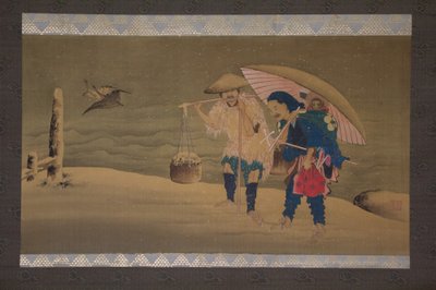 Monkey Showman and Porter in the Snow, 1800-tallet. av Hokuga