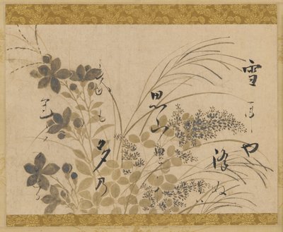 Blomster, gress og et dikt, Edo-perioden, 1615-1637. av Hon