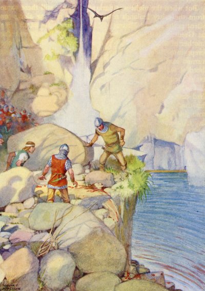 «På klippen fant de hodet til Aeschere» (fargelitografi) av Honor Charlotte Appleton