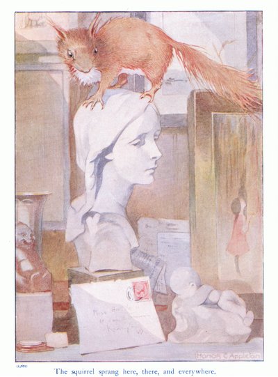 Ekornet sprang her, der og overalt, illustrasjon fra "More About the Squirrels" av Eleanor Tyrell, ca. 1915 (farge litho) av Honor Charlotte Appleton