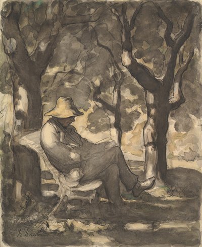 En mann som leser i en hage recto..., ca. 1865. av Honoré Daumier