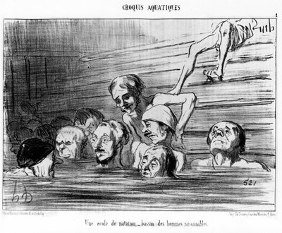 En svømmeskole, et basseng av fornuftige menn: illustrasjon hentet fra "" Sketch d'Ete"" serie med tegneserier om svømming av Honore Daumier (1808-1879). “Charivari” av Honoré Daumier