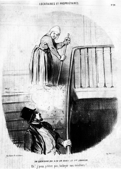 En leietaker som hadde en glemsel 1. januar. Hei! Jeg kan ikke kaste klatrerne mine! , hentet fra "" Tenants et Owners", tegneserie av Honore Daumier (1808-1879). “Charivari” av Honoré Daumier