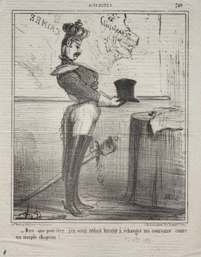 Aktualiteter (nr. 249): De sier at jeg snart skal reduseres til å bytte kronen mot en enkel lue! av Honoré Daumier
