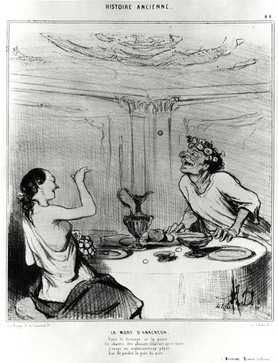 Antikkens historie: Anacreons død, karikatur for å illustrere et utdrag fra badine-verkene til Jacques-Benigne (Jacques Benigne) Bossuet (1627-1704): "Mellom ost og pære, denne sangeren elsker folatrait etter å ha drukket, når en uheldig pepepei av Honoré Daumier