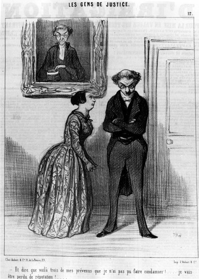 Og for å si at dette er tre av mine tiltalte som jeg ikke kunne ha dømt!... bli tapt omdømme!... , fra "Gens de Justice", serie tegneserier om Justice av Honore Daumier (1808-1879). “Charivari” av Honoré Daumier