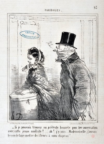 Kunstverk av Honore Daumier (1808-1879) Charivari: Serie FARIBOLES “” -Kunne du finne et ærlig påskudd for å koble samtale med denne unge modellen?... Ah! Jeg er her... frøken, jeg må sette blomster på hatten min!» KUNSTMUSEUM - PALACE LONGCHAMP, MARSEILL av Honoré Daumier
