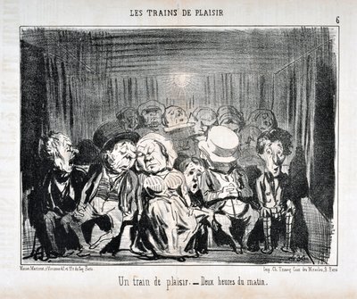 Kunstverk av Honore Daumier (1808-1879) Charivari er fra 1852: Serie LES TRAINS DE PLAISIR -Et lysttog. – Klokken to om morgenen. KUNSTMUSEUM - PALACE LONGCHAMP, MARSEILLE av Honoré Daumier