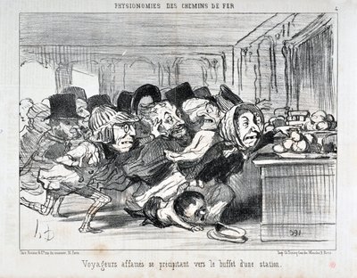 Kunstverk av Honore Daumier (1808-1879) Charivari er fra 1852: Serie PHYONOMIES DES CHAIN ​​​​DE FERR Sultne reisende skynder seg til buffeen på en stasjon MUSEE DES BEAUX ARTS - PALAIS LONGCHAMP, MARSEILLE av Honoré Daumier