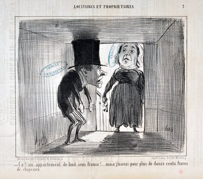 Kunstverk av Honore Daumier (1808-1879) Charivari er fra 1854: Serie TENNIQUES AND OWNERS "" Ca!... en leilighet på åtte hundre franc!... men jeg vil bruke hatter for mer enn tolv hundre francs"" MUSEE DES BEAUX ARTS - PALAIS LONGCHAMP, MARSEILLE av Honoré Daumier