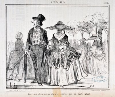 Kunstverk av Honore Daumier (1808-1879) Charivari er fra 1855: Serie Actualites "" Nye damehatter, oppfunnet av en sjalu ektemann "" MUSEE DES BEAUX ARTS - PALAIS LONGCHAMP, MARSEILLE av Honoré Daumier