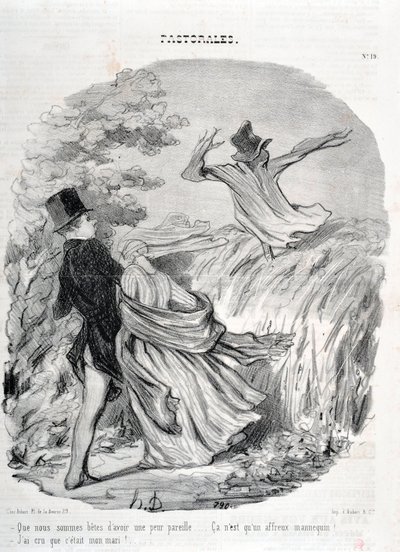 Kunstverk av Honore Daumier (1808-1879). Charivari dateres tilbake til 1845: Serie PASTORALES "" Hvor gode vi er å ha en slik frykt... "Jeg trodde han var mannen min!" KUNSTMUSEUM - PALACE LONGCHAMP, MARSEILLE av Honoré Daumier