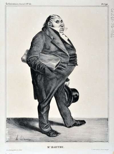 Kunstverk av Honore Daumier (1808-1879). Charivari stammer fra 1833: Serie Celebrites de la Caricature "" M. Barthe"" KUNSTMUSEUM - PALAIS LONGCHAMP, MARSEILLE av Honoré Daumier