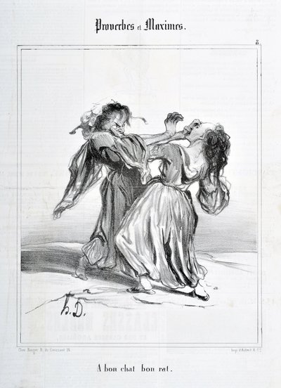 Kunstverk av Honore Daumier (1808-1879). Charivari stammer fra 1840: serien Ordspråk og maksimum "A bon cat bon rat"" MUSEUM FOR FINE ARTS - PALAIS LONGCHAMP, MARSEILLE av Honoré Daumier