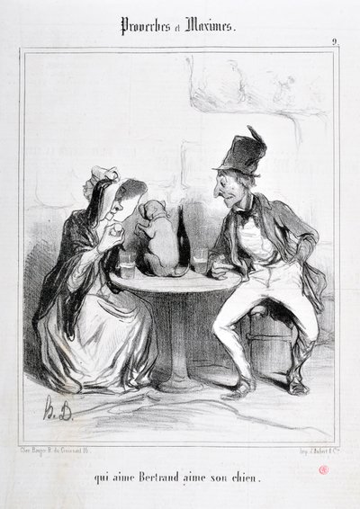 Kunstverk av Honore Daumier (1808-1879). Charivari stammer fra 1840: Serie PROVERBS ET MAXIMES "" som elsker Bertrand elsker hunden sin "" MUSEE DES BEAUX ARTS - PALAIS LONGCHAMP, MARSEILLE av Honoré Daumier
