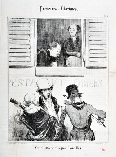 Kunstverk av Honore Daumier (1808-1879). Charivari stammer fra 1840: Serie PROVERBS ET MAXIMES "" Magesult har ingen ører "" "MUSEE DES BEAUX ARTS - PALAIS LONGCHAMP, MARSEILLE av Honoré Daumier