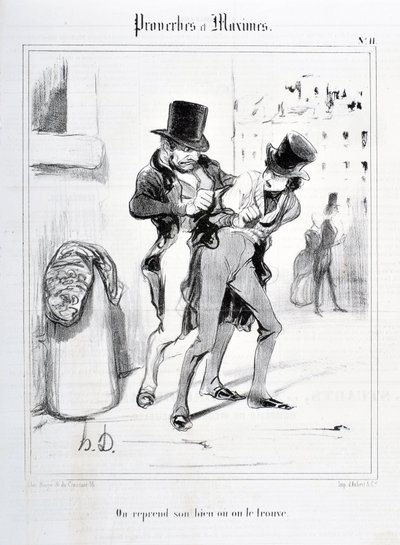 Kunstverk av Honore Daumier (1808-1879). Charivari stammer fra 1840: Serie PROVERBES ET MAXIMES "" Vi gjenopptar eiendommen vår eller vi finner den""" KUNSTMUSEUM - PALAIS LONGCHAMP, MARSEILLE av Honoré Daumier
