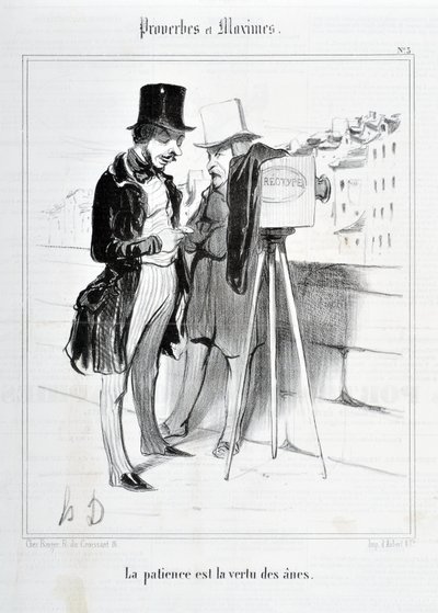 Kunstverk av Honore Daumier (1808-1879). Charivari stammer fra 1840: Serie PROVERBES ET MAXIMES "Tålmodighet er eslers dyd"" KUNSTMUSEET - PALAIS LONGCHAMP, MARSEILLE av Honoré Daumier