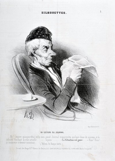 Kunstverk av Honore Daumier (1808-1879). Charivari stammer fra 1840: SOUXETTES-serien "" Leser avisen "" MUSEE DES BEAUX ARTS - PALAIS LONGCHAM av Honoré Daumier