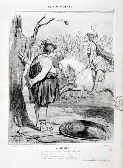 Kunstverk av Honore Daumier (1808-1879) Charivari stammer fra 1842: Serie HISTORIE ANCIE Les Amazones. "" Ved dagens første brann, før deres adelige dronning, ble de sett å temme hester fulle av iver. Og den unge vinneren midt på arenaen av Honoré Daumier