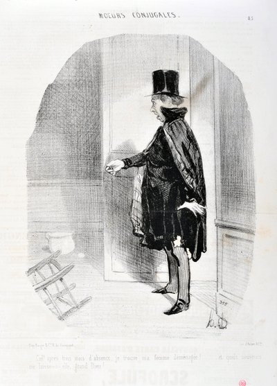 Kunstverk av Honore Daumier (1808-1879). Charivari stammer fra 1842: Serie MORES CONJUALES “” Himmelen etter tre måneders fravær finner jeg min kone demenagee og hvilke minner jeg vasker hennes store Gud! “” MUSEUM FOR FINE ARTS - PALACE LONGCHAMP, MARSEIL av Honoré Daumier