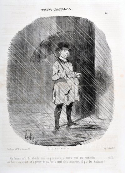 Kunstverk av Honore Daumier (1808-1879). Charivari er fra 1842: Serie MORES CONJUALES “” Min kone fortalte meg vent på meg fem minutter. Jeg går opp til couturiere for en time for et kvarter siden og døren sier at på torget til couturiere er det studenter! av Honoré Daumier