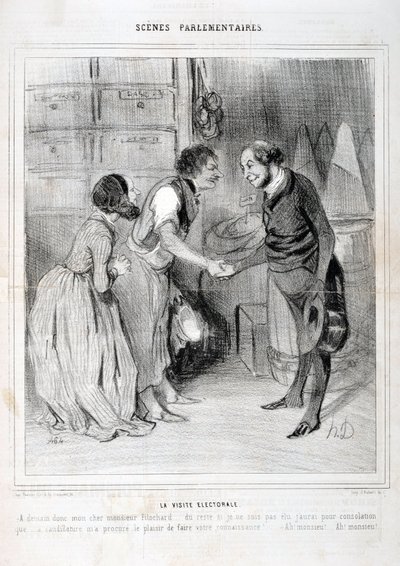Kunstverk av Honore Daumier (1808-1879). Charivari stammer fra 1843: Serie SCENES PARLIAMENTARY. Valgbesøket. KUNSTMUSEET - PALACE LONGCHAMP, MARSEILLE av Honoré Daumier