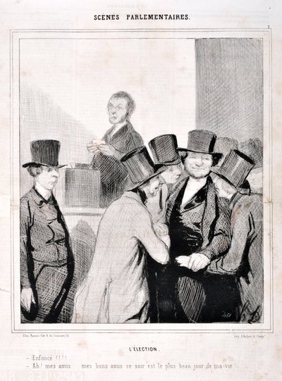 Kunstverk av Honore Daumier (1808-1879). Charivari er fra 1843: Serie SCENES PARLIAMENTARY. Valget “” Svøm!!! "Ah mine venner mine gode venner i kveld er den mest dagen i mitt liv!" KUNSTMUSEUM - PALACE LONGCHAMP, MARSEILLE av Honoré Daumier