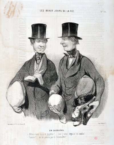 Kunstverk av Honore Daumier (1808-1879). Charivari stammer fra 1845: Serie LES BEAUX DAYS DE LA VIE. I Carnival “” -La oss le og gigotte! Jeg vil bli skuffet så smart! Berømt! Vi kan ikke kjenne deg igjen...” MUSEUM FOR FINE ARTS - PALACE LONGCHAMP, MARSEI av Honoré Daumier