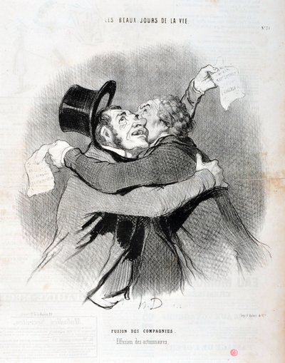 Kunstverk av Honore Daumier (1808-1879). Charivari stammer fra 1845: Serie LES BEAUX DAYS DE LA VIE. Fusjon av selskaper - Utfall av aksjonærer. KUNSTMUSEET - PALACE LONGCHAMP, MARSEILLE av Honoré Daumier