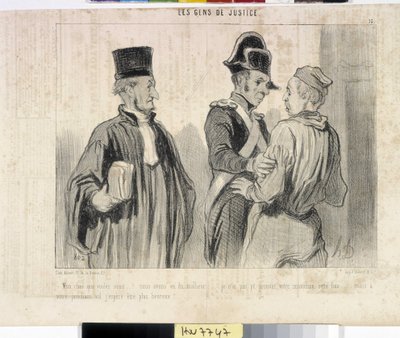 Kunstverk av Honore Daumier (1808-1879). Charivari stammer fra 1845: Serie LES PEANS DE JUSTICE. "" -Min kjære, hva vil du... vi hadde ulykke... Jeg kunne ikke bevise din uskyld denne gangen... men din neste flytur håper jeg å bli lykkeligere.""""" utdrag  av Honoré Daumier