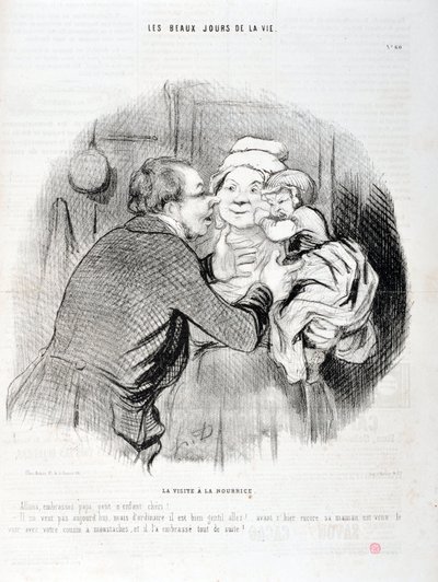 Kunstverk av Honore Daumier (1808-1879). Charivari stammer fra 1848: Serie Les beaux jours de la vie. Besøket til sykepleieren - La oss kysse pappa lille barn kjære - Han vil ikke i dag men vanligvis...”” KUNSTMUSEET - PALACE LONGCHAMP, MARSEILLE av Honoré Daumier