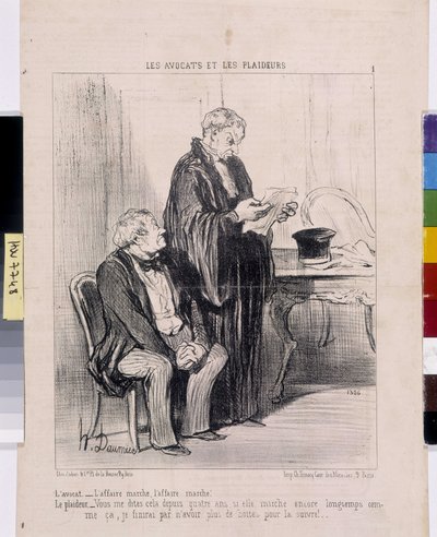 Kunstverk av Honore Daumier (1808-1879). Charivari stammer fra 1851: Serie LES Avocats et les litigants. «Advokaten – saken fungerer, saken fungerer! Litigator-Du har fortalt meg dette i fire år hvis hun fortsatt går så lenge at jeg ender opp med å ha av Honoré Daumier