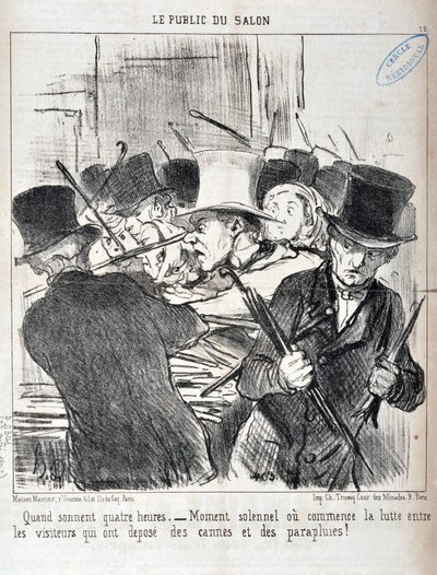 Kunstverk av Honore Daumier (1808-1879). Charivari stammer fra 1852: Serie LE PUBLIC DU SALON - "" Når lyd fire timer.- høytidelig øyeblikk eller begynner kampen mellom besøkende som har deponert stokker og paraplyer"" MUSEE DES BEAUX A av Honoré Daumier