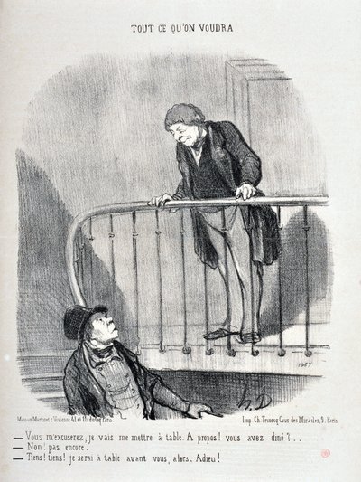 Kunstverk av Honore Daumier (1808-1879). Charivari stammer fra 1853: Serie ALT HVA DU VIL “Du vil unnskylde meg, jeg skal sitte ved bordet. Om det! Spiste du? - Nei ikke ennå. "Vel, vel, jeg skal være ved bordet før deg""" MUSEE DES BEA av Honoré Daumier